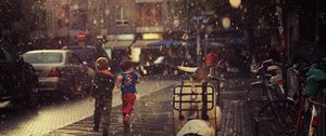 Preview wallpaper street, children, running, rain, city