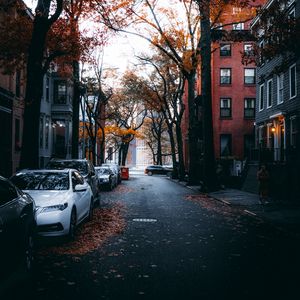 Preview wallpaper street, city, autumn, cars, trees