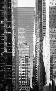 Preview wallpaper street, city, buildings, windows, glass, bw