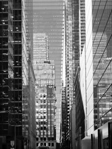 Preview wallpaper street, city, buildings, windows, glass, bw