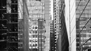 Preview wallpaper street, city, buildings, windows, glass, bw