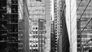 Preview wallpaper street, city, buildings, windows, glass, bw