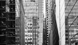Preview wallpaper street, city, buildings, windows, glass, bw