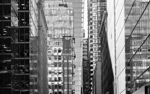 Preview wallpaper street, city, buildings, windows, glass, bw