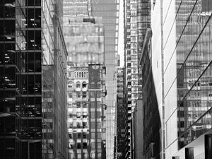 Preview wallpaper street, city, buildings, windows, glass, bw