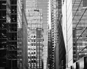 Preview wallpaper street, city, buildings, windows, glass, bw