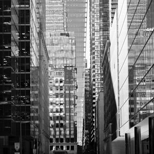 Preview wallpaper street, city, buildings, windows, glass, bw