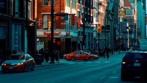 Preview wallpaper street, city, buildings, twilight, movement, road