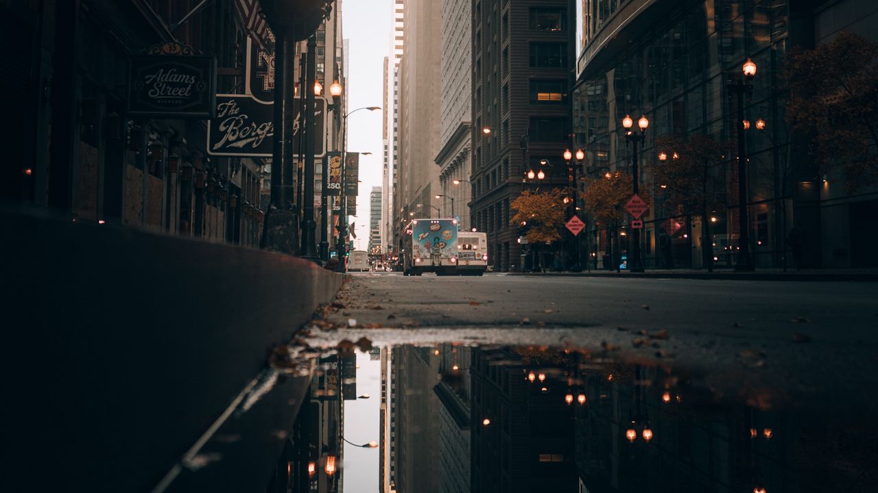 Wallpaper street, city, buildings, puddle, reflection