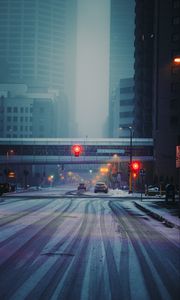 Preview wallpaper street, city, buildings, cars, snow