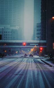 Preview wallpaper street, city, buildings, cars, snow