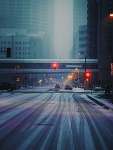 Preview wallpaper street, city, buildings, cars, snow