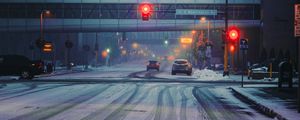 Preview wallpaper street, city, buildings, cars, snow