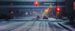 Preview wallpaper street, city, buildings, cars, snow