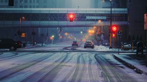 Preview wallpaper street, city, buildings, cars, snow