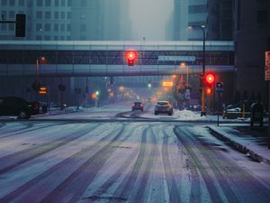 Preview wallpaper street, city, buildings, cars, snow