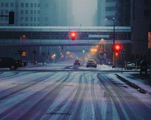 Preview wallpaper street, city, buildings, cars, snow