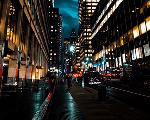 Preview wallpaper street, city, dark, buildings, skyscrapers