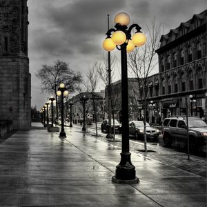 Preview wallpaper street, city, evening, black white, lights, buildings, hdr