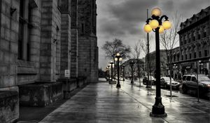 Preview wallpaper street, city, evening, black white, lights, buildings, hdr
