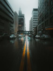 Preview wallpaper street, city, fog, markup, cars