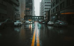Preview wallpaper street, city, fog, markup, cars