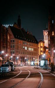 Preview wallpaper street, city, night, lights, buildings, rails