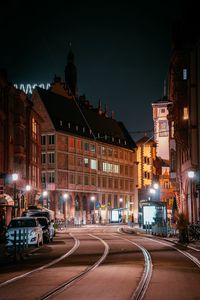 Preview wallpaper street, city, night, lights, buildings, rails