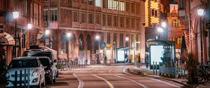 Preview wallpaper street, city, night, lights, buildings, rails