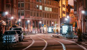 Preview wallpaper street, city, night, lights, buildings, rails