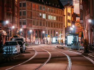 Preview wallpaper street, city, night, lights, buildings, rails