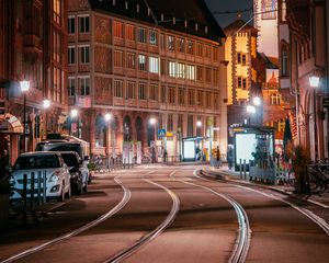 Preview wallpaper street, city, night, lights, buildings, rails