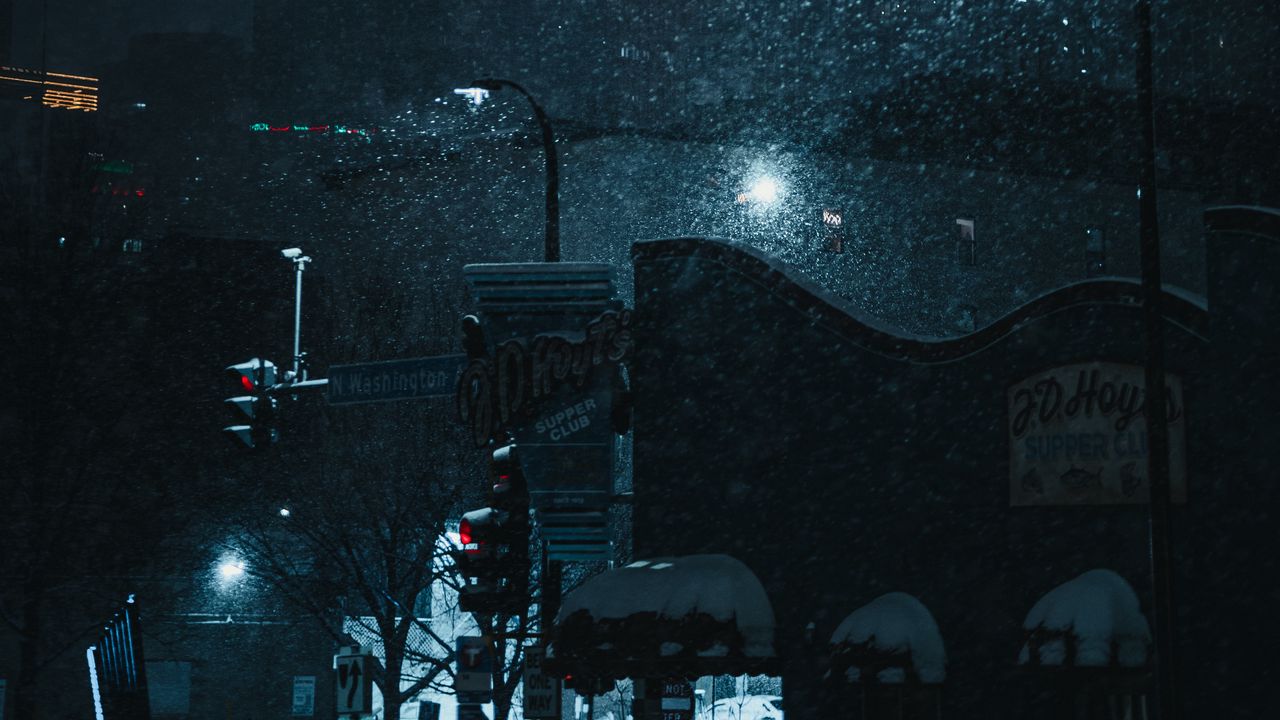Wallpaper street, city, night, snow, buildings, lights