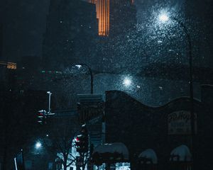 Preview wallpaper street, city, night, snow, buildings, lights