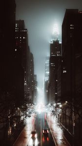 Preview wallpaper street, city, night, fog, aerial view