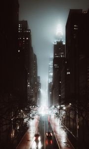 Preview wallpaper street, city, night, fog, aerial view