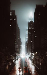 Preview wallpaper street, city, night, fog, aerial view