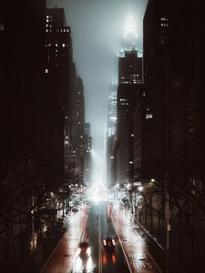 Preview wallpaper street, city, night, fog, aerial view