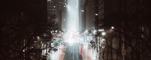 Preview wallpaper street, city, night, fog, aerial view