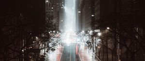 Preview wallpaper street, city, night, fog, aerial view