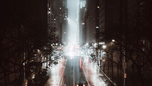 Preview wallpaper street, city, night, fog, aerial view