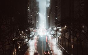 Preview wallpaper street, city, night, fog, aerial view