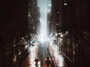 Preview wallpaper street, city, night, fog, aerial view