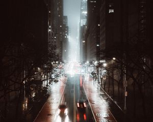 Preview wallpaper street, city, night, fog, aerial view