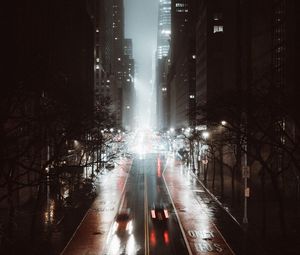 Preview wallpaper street, city, night, fog, aerial view