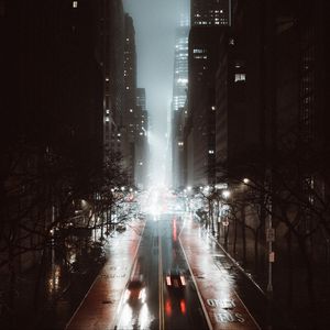 Preview wallpaper street, city, night, fog, aerial view