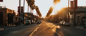 Preview wallpaper street, city, sunset, palm trees, cars