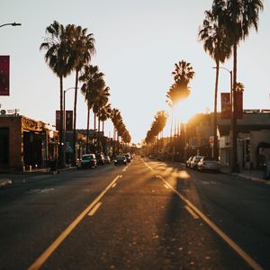 Preview wallpaper street, city, sunset, palm trees, cars
