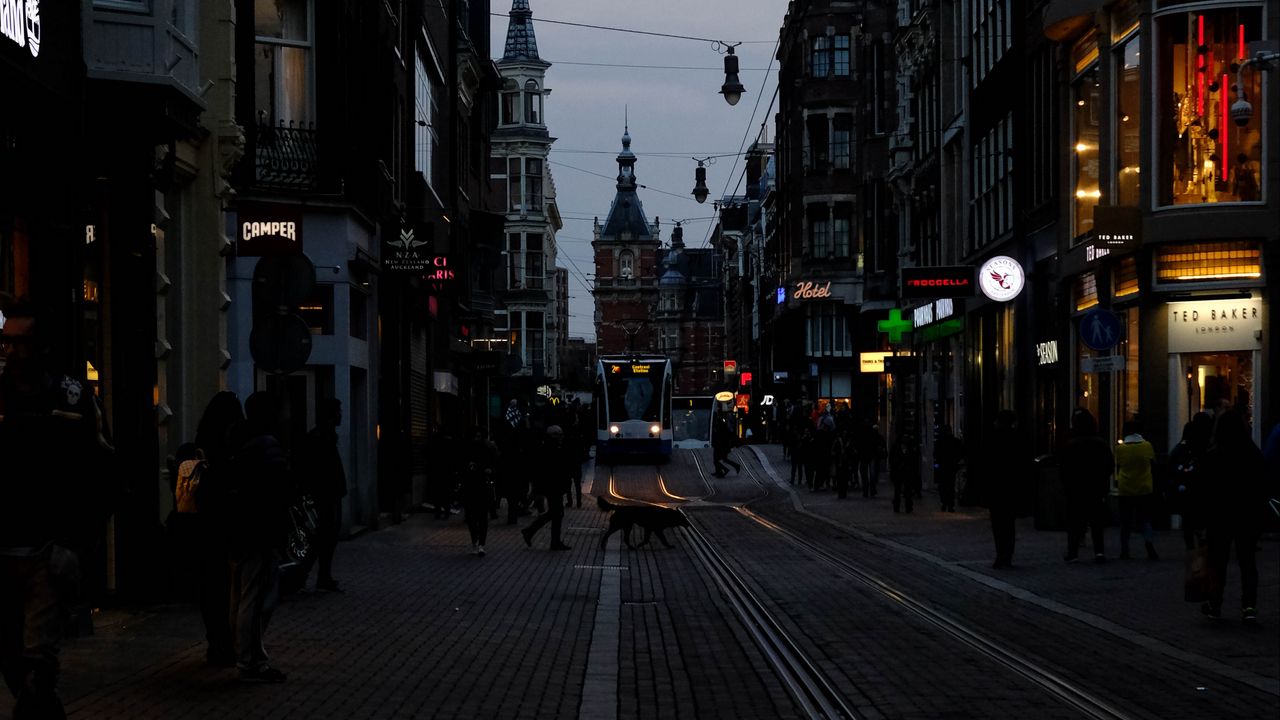 Wallpaper street, city, twilight, evening, movement, amsterdam, netherlands