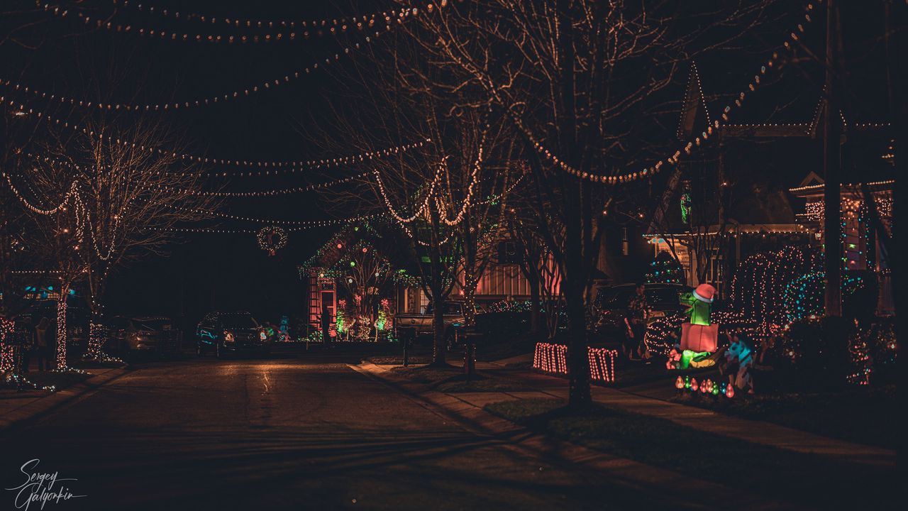 Wallpaper street, garlands, decorations, new year, christmas, dark